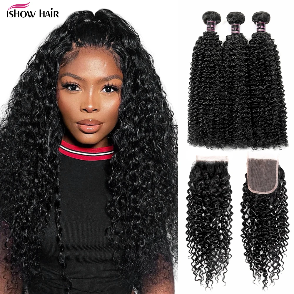 

Ishow Malaysian Kinky Curly Hair 3 Bundles With Closure Baby Hair Free Part 4pcs/Lot Human Hair Bundles With Closure Non Remy