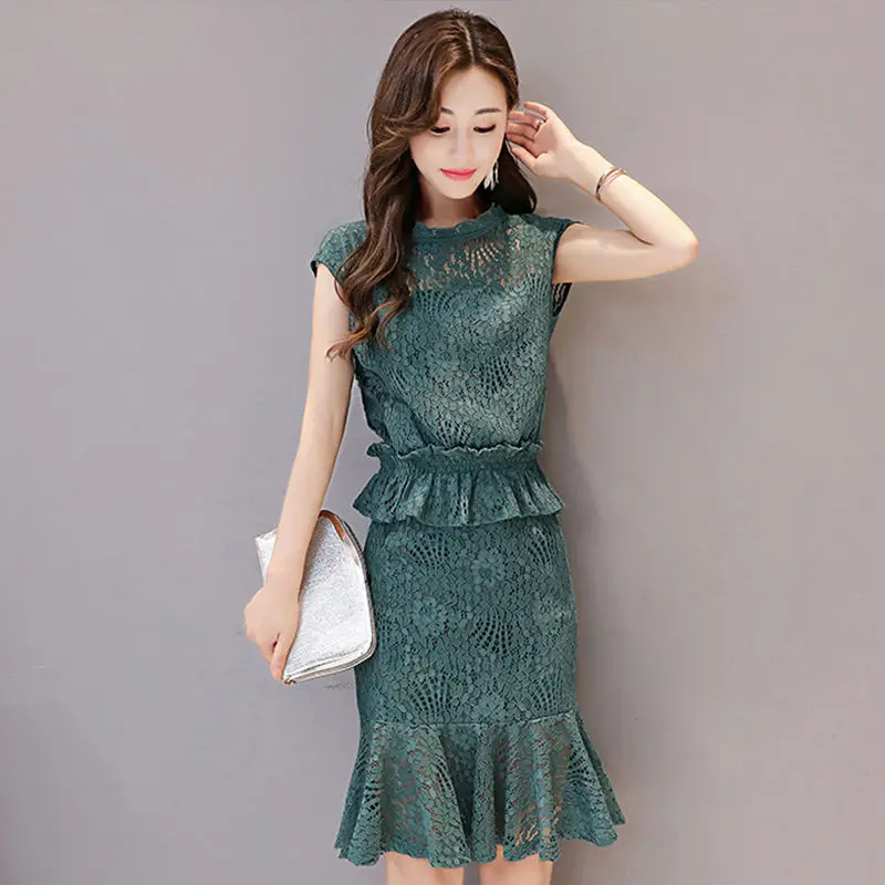 

Women's Spring Summer Style Dress Women's Hollow Out O-Neck Solid Color Ruffles Short Sleeve Elegant Dress SS3697