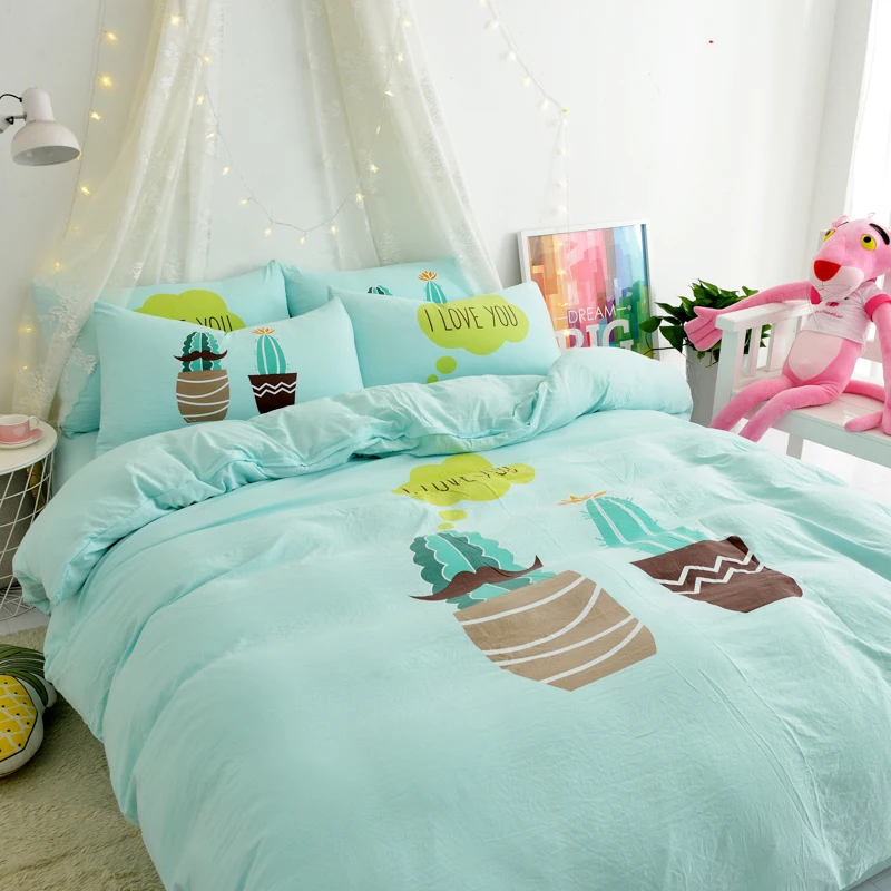 

green cactus bedding set cute solid bed linen for children adult Wrinkled duvet cover 220x240 bed sheet sets full king size