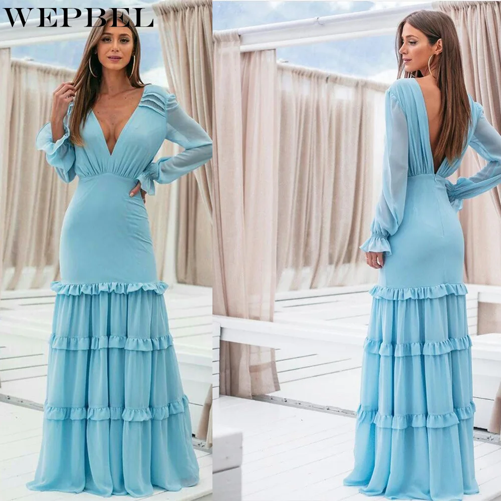 

WEPBEL Women's Elegant Ruffle Chiffon Dress Ladies Sexy Fashion Lantern Sleeve V Neck High Waist Corset Party Evening Dress