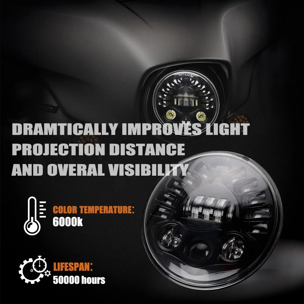 

12V Motorcycle Headlight Round LED Driving Lamp Head Lamp, 5 Lighting Modes, Replacement for 5.75 inches, Retro Turn Signal