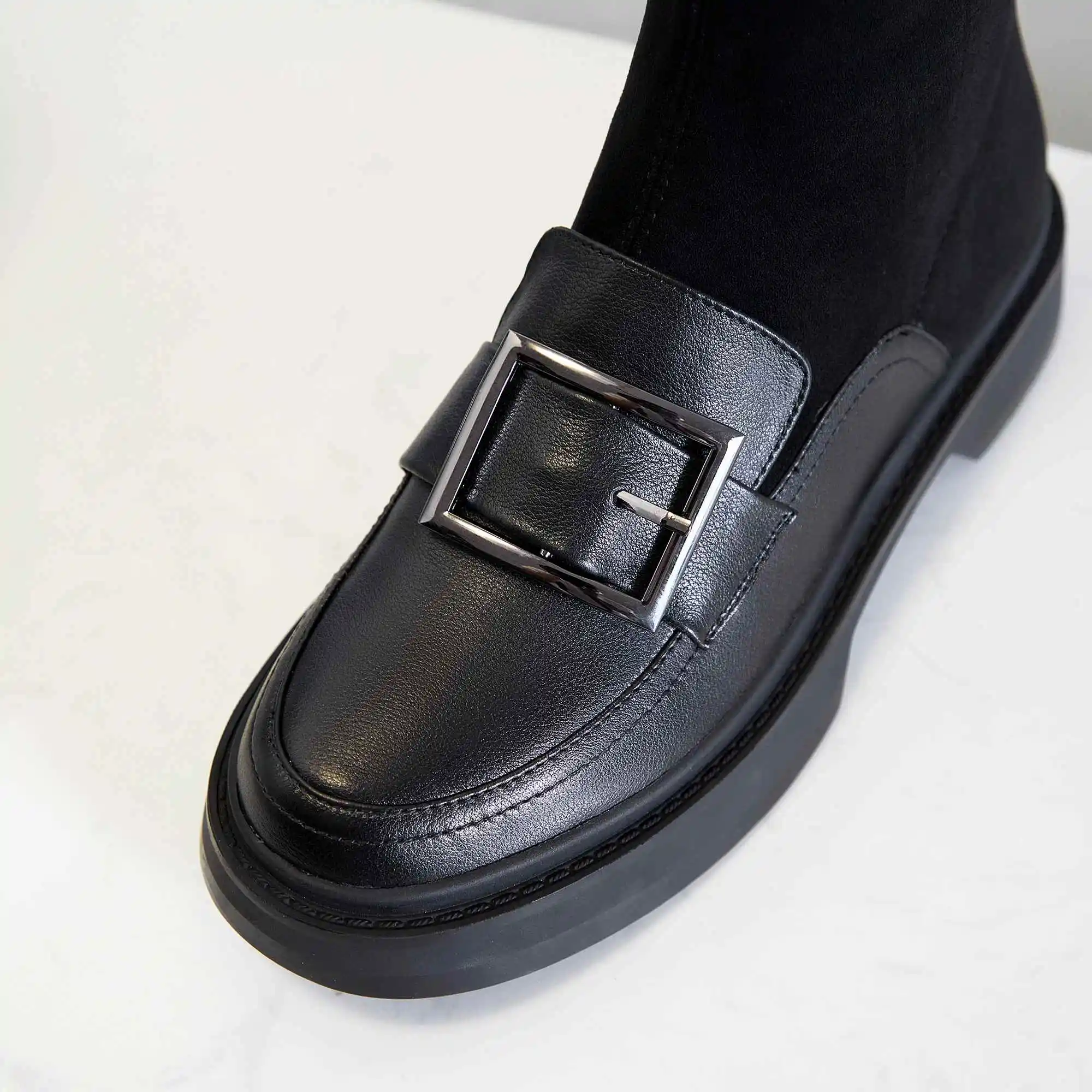 

Krazing Pot sock boots cow leather buckle decorations british med square heel round toe slip on young lady dress ankle boots L15