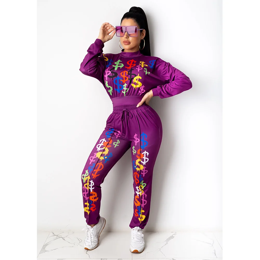 

Women Dollar Print Sports Two Piece Set Autumn Mock Neck Long Sleeve Tight Waist Top Drawstring Pencil Pants Tracksuit