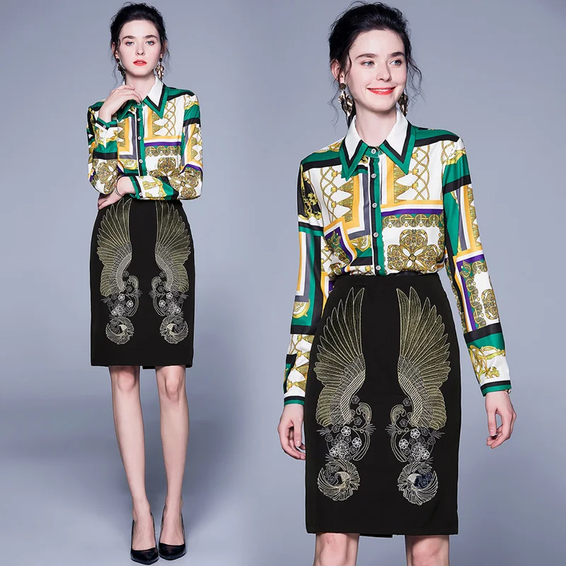 

2019 new autumn royal elder sister suit goddess van printed shirt jacket embroidered skirt two-piece outfit