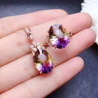oval amethyst gradients color stone pendant necklace rings sets for women luxury crystal chain wedding rose gold jewelry sets