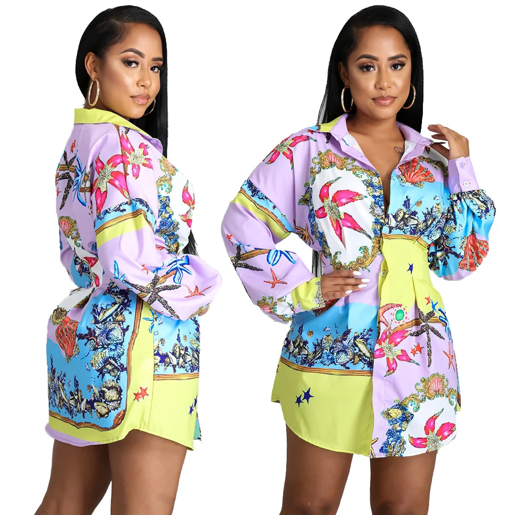 

Printing Multicolor Women Shirt Dress Turn-down Collar Long Sleeve Slim Button Dress Streetwear Autumn Office Lady Women Clothes