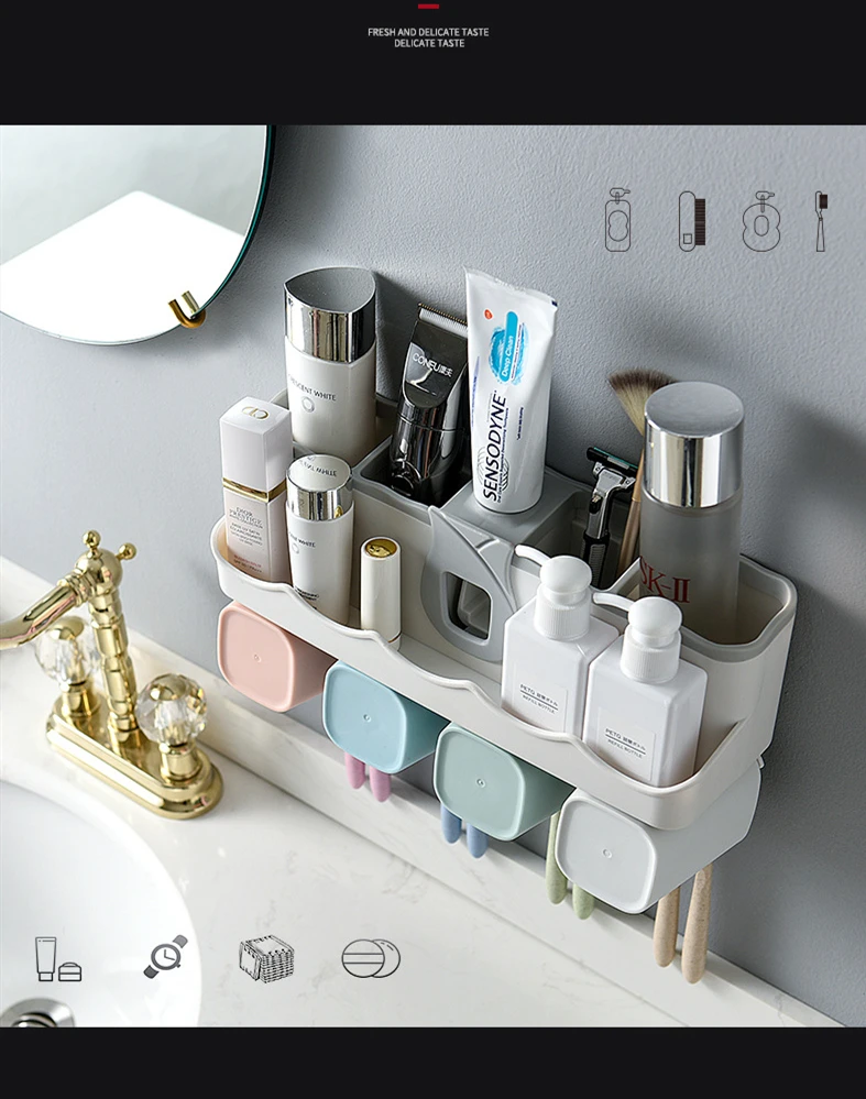 4pcs Multifunctional Toothbrush Holder Bathroom Accessories Set Automatic Toothpaste Dispenser Holder Bathroom Storage