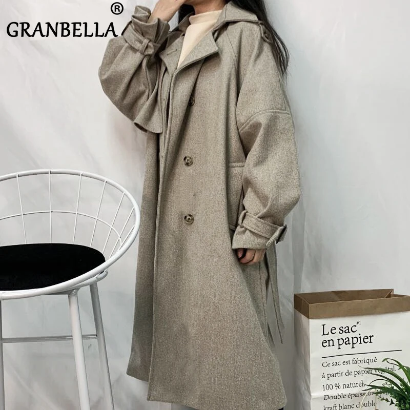 Женское шерстяное пальто элегантное двубортное из смешанной шерсти с поясом в