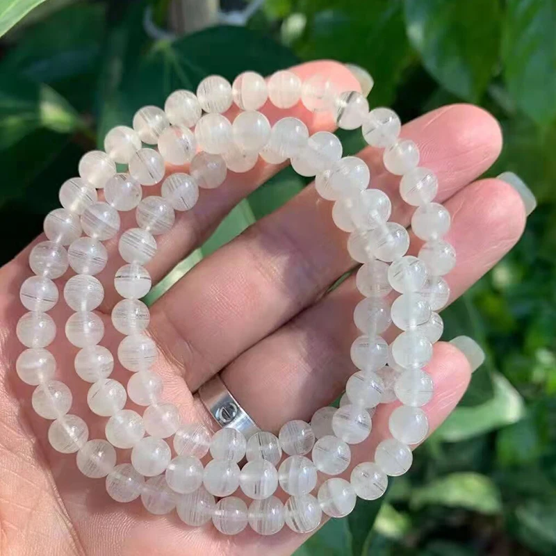 

White Ghost Natural Crystal Bracelet 6mm Round Beads Bracelets Lucky for Women Men Three Layers Fashion Jewelry