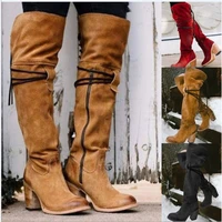 2021 autumn winter new style suede round head side zipper high barrel thick heel boots