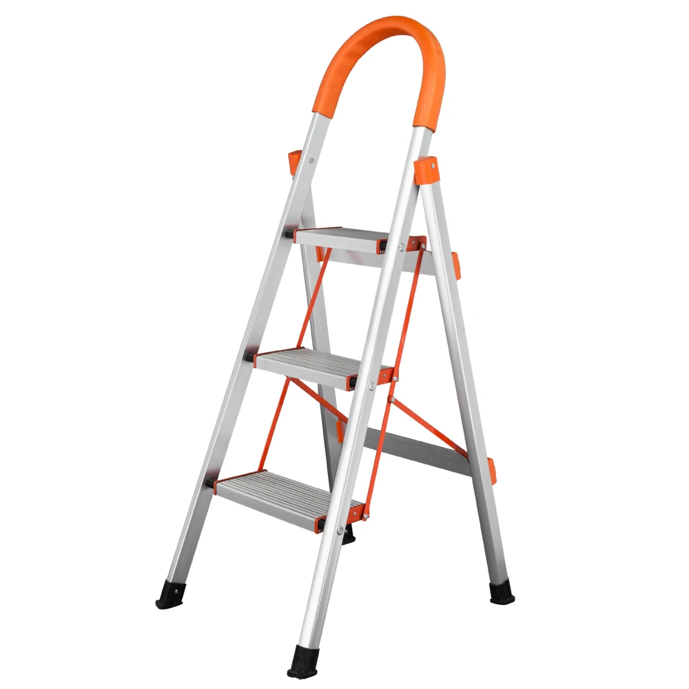 

Non-slip 3-Step Aluminum Ladder Folding Platform Stool 330 lbs Load Capacity Orange Ladder Household