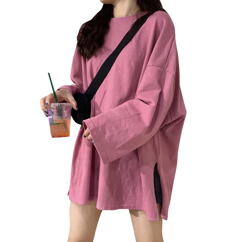 

women's T-shirts fashion tshirts harajuku ropa mujer Split Solid Color Long-Sleeved T-shirt Autumn New Loose Tops WBXC13