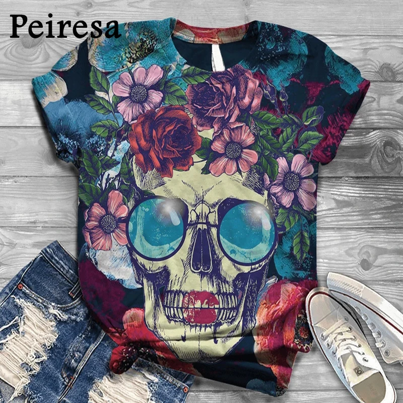 

Oversized New Digital 3D Skull Printed Women T-Shirt O Neck Short Sleeve Graphic Tops Summer Harajuku TShirt