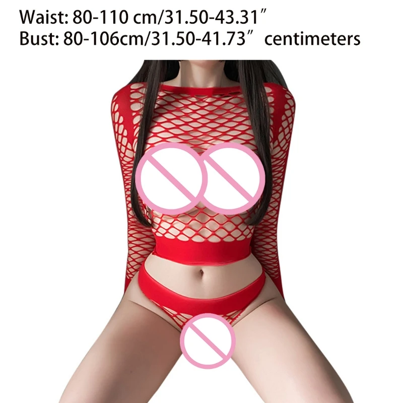 

L5YC Women's Mesh Lingerie Fishnet Babydoll Mini Dress Free Size Bodysuit See Through Shirts Long Sleeve Red