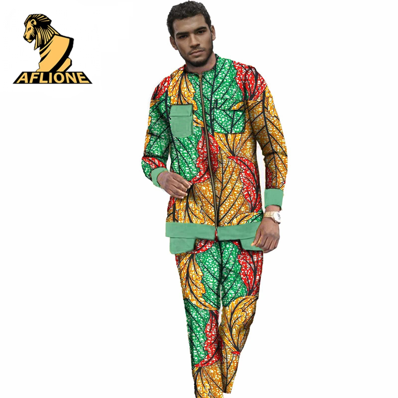 

Men's Bazin 2021 Rich African Clothes For Men American Dashiki Style Fashion Colorful Batik Pure Cotton Personality Robe 2 Piece