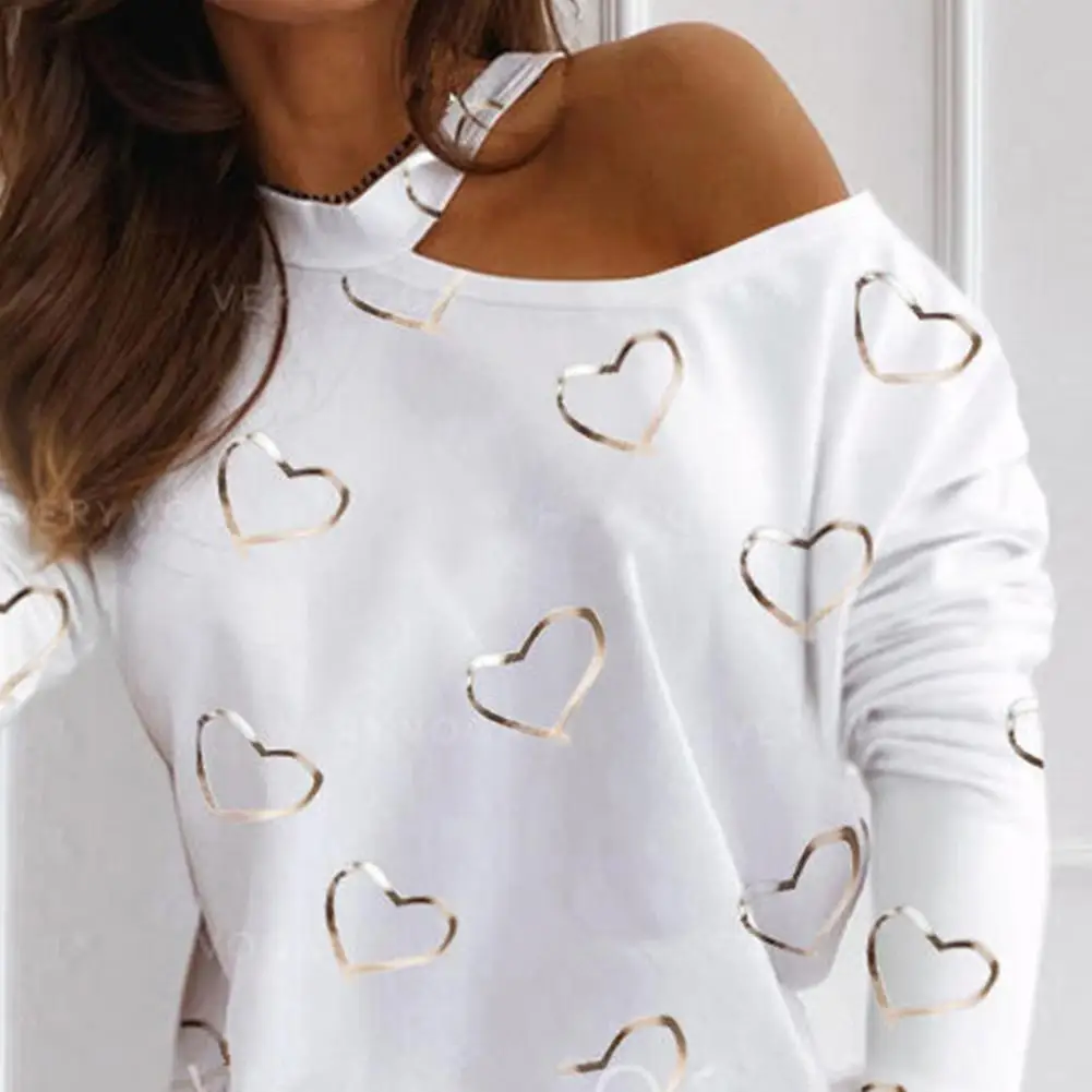 

Sexy Women Long Sleeve Hollow Out Blouse Love Heart Print One Shoulder Pullover 2021 Spring Ladies Blouse