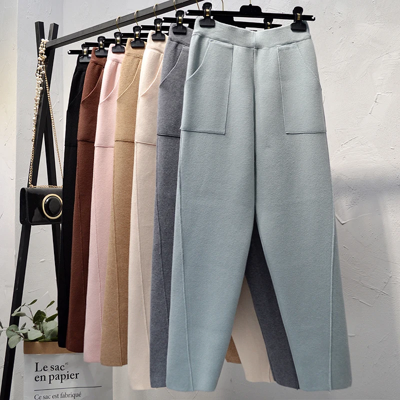 Женские зимние теплые шерстяные шаровары плотные вязаные брюки до щиколотки в