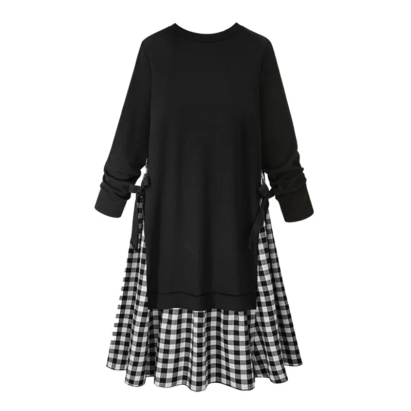 Женское клетчатое платье с круглым вырезом повседневное офисное длинными