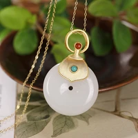 925 sterling silver inlaid natural gemstone white hetian jade pendant womens peace buckle pendant fine jewelry gifts h0013