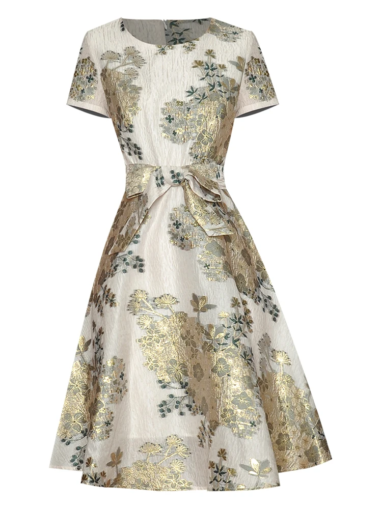 

High Quality Newest Nice Summer Vogue Short Sleeve Round Neck Lace Jacquard Puffy Dress
