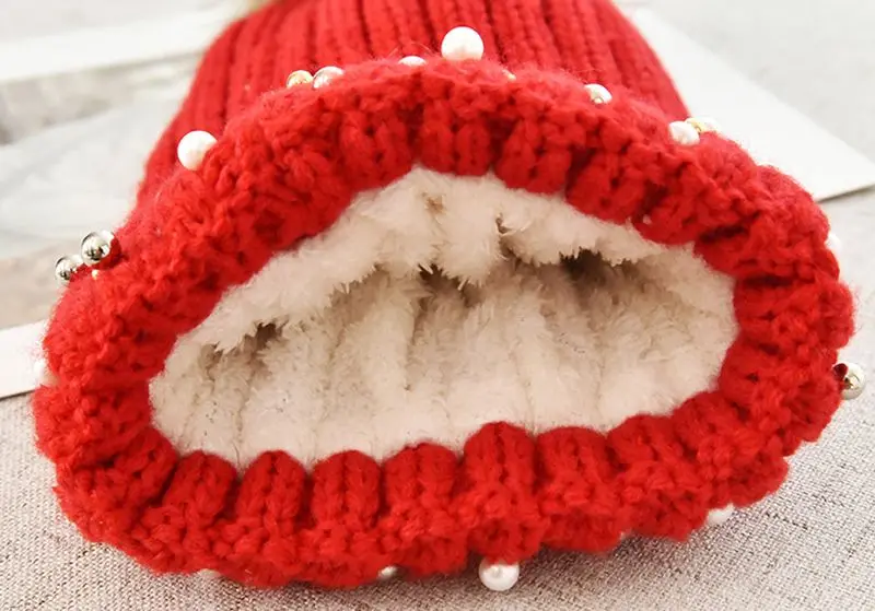 

Women beads warm winter beanie fur pom poms knited hat solid color thick hat fashion high quality hat