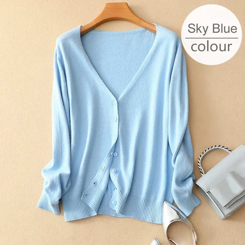 V-neck Sky Blue Однобортный Для женщин свитер вязаный тонкий кардиган с круглым вырезом с длинным рукавом женские кардиганы Демисезонный женские топы - Цвет: V-neck Sky Blue