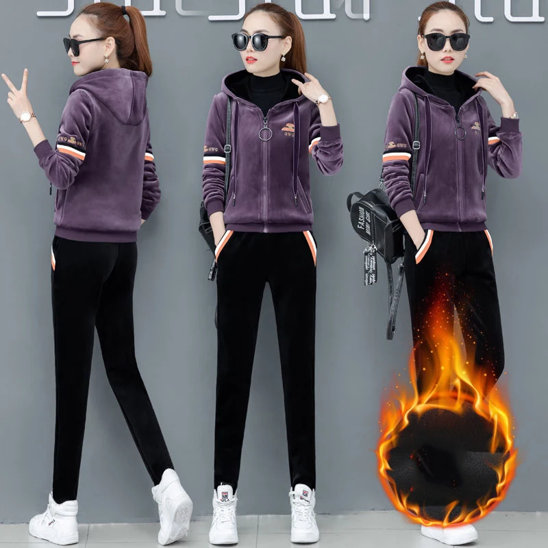 

Winter Thicken Warm Velvet Two Piece Set Women Casual Zipper Hooded Top And Pant Tracksuit Plus Size 4XL Embroidered Outfit 2020