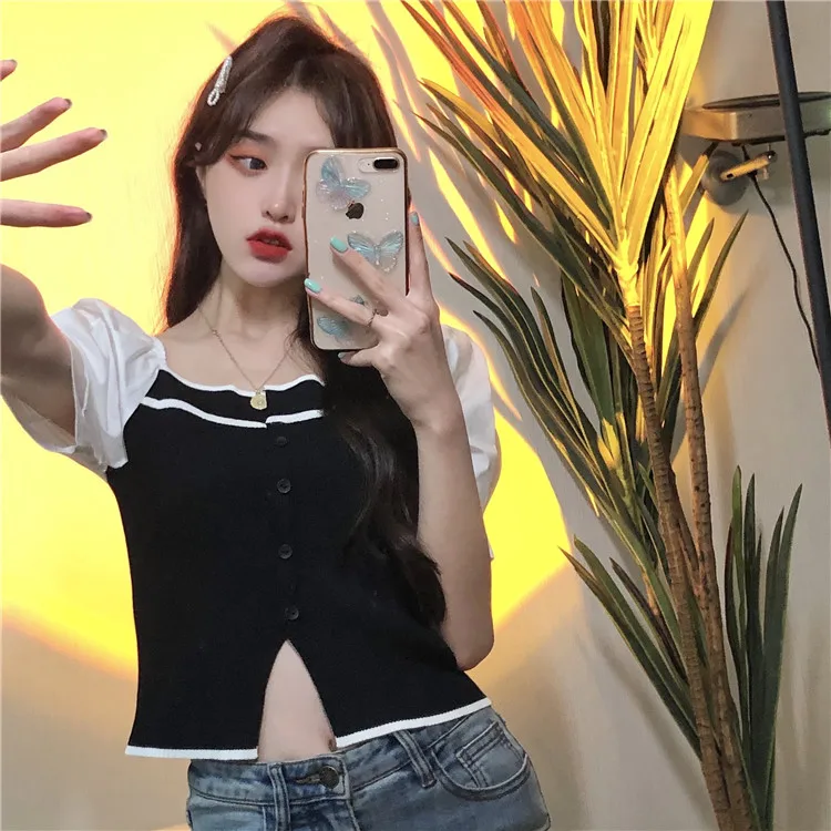 

YTX1298 2021 new design sense careful machine contrast stitching slim slim short-sleeved T-shirt