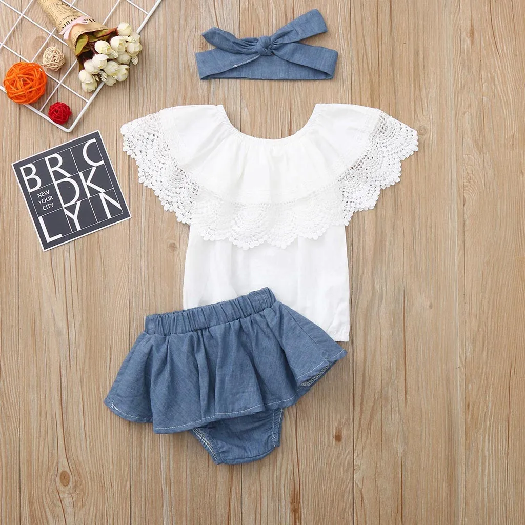 

Summer Newborn Baby Girl Clothes Baby Girl Dress Outfit Lace Ruffled Top+demin Shorts Dress+headband Girls Clothing Ropa Nia #0