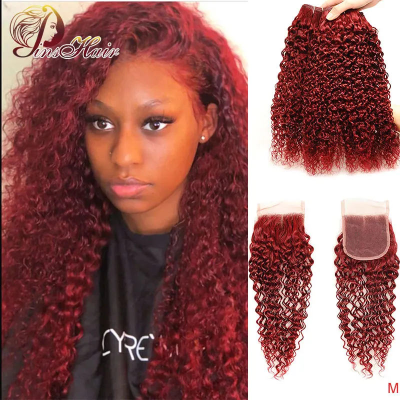 Kinky Curly 3 пряди с закрытием 99J предварительно окрашенные бразильские человеческие