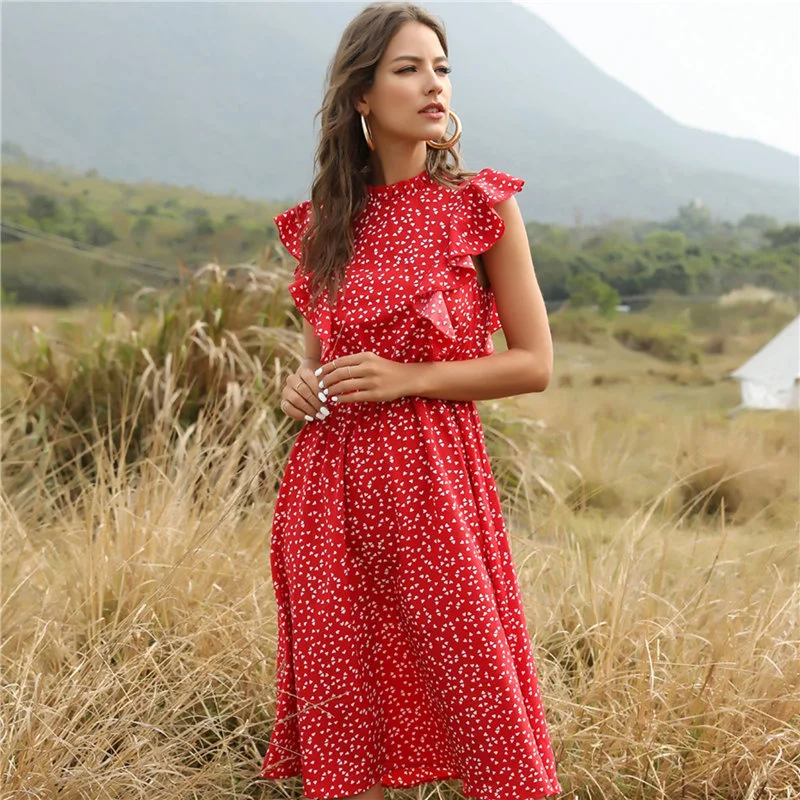 

2021 New Summer Dot Print Dress Women Casual Butterfly Sleeve Ruffles Medium Long Chiffon Dress