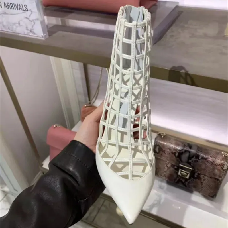 

Hjwsfdcai New Sexy Women's Ankle Boots Hollow Out Pointed Toe Zipper Woman Shoes Breathablee Legant Nightclub White High Heels