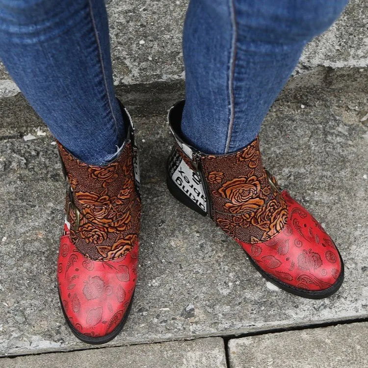 

Women's Short Boots Three-color Stitching Side Zipper Side Straps Fashion PU Printed Motorcycle Boots Ladies Ankle Boots