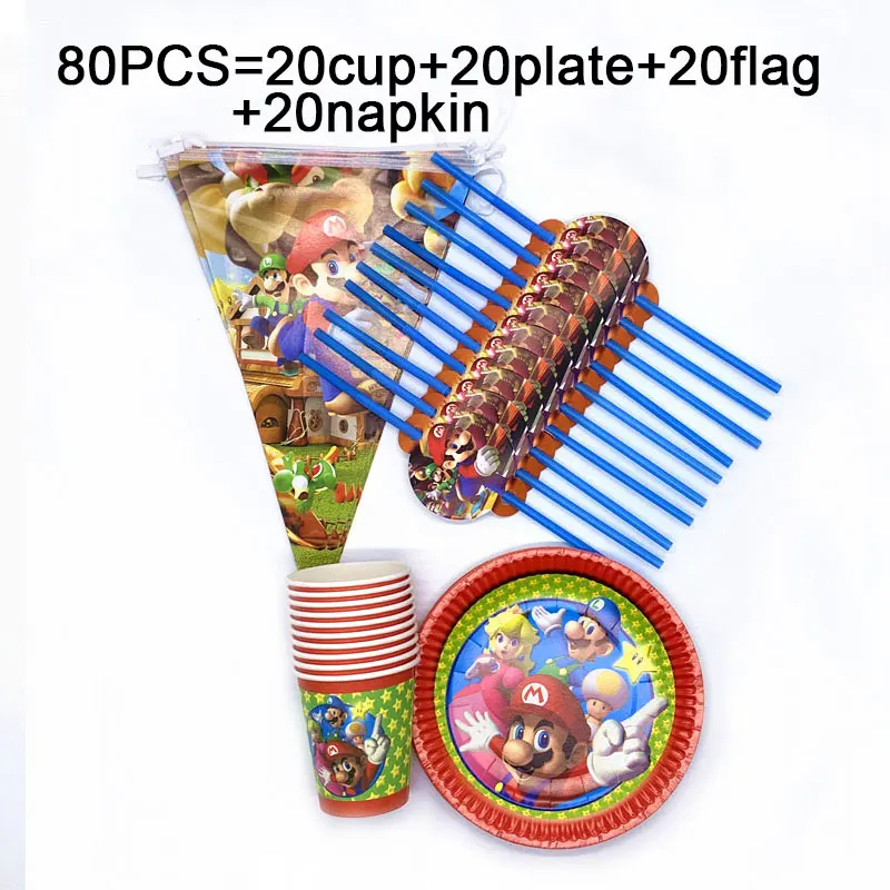 BeiPanQiXi 80pcs 80 шт. Дети Супер Марио день рождения поставки мероприятие Вечеринка фестиваль украшения одноразовые Посуда Набор кружек таблички баннеры - Цвет: BeiPanQiXi 80pcs