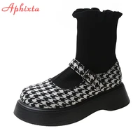 aphixta 2021 platform gingham women boots buckle pleated stretch fabric round toe lattice knitted short sock boots footwears