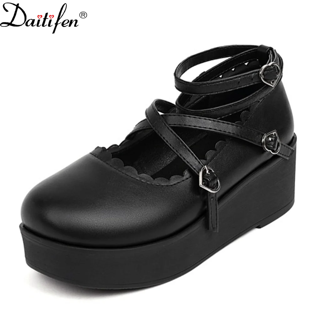 

Daitifen Concise Women Mary Jean Shoes Wedges Platform Female Ankle-strap Pumps Cross-tied Girls Sweet Cute Lolita Single Shoes