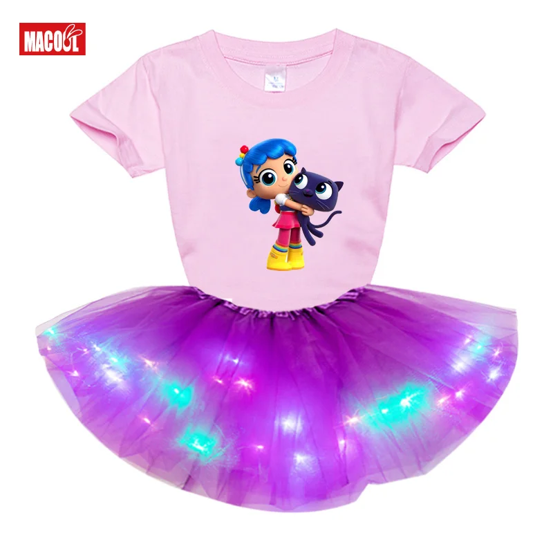 

Personalized Customization Girls Dress LED Tutu Dress+Handmade T Shirt 2 Pcs Set Summer Party Tutu Kids Girls Rainbow Tutu Dress