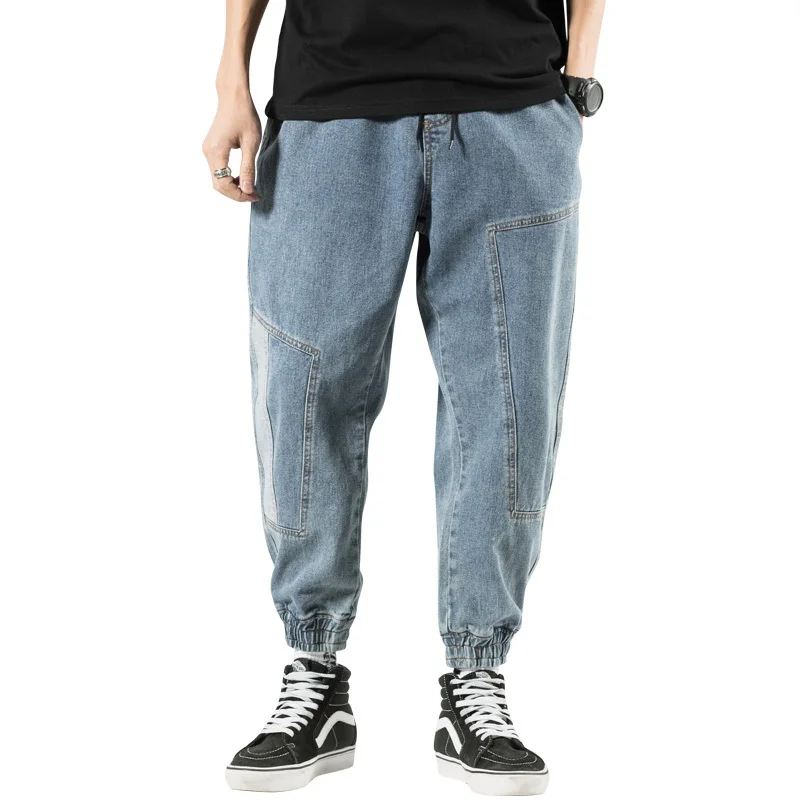 

2020 Men's Baggy Homme Casual Pants Cargo Pocket Wash Jeans Waist Elastic Split Joint Biker Denim Loose Blue Color Trousers
