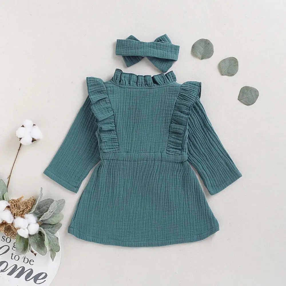 Платье принцессы для девочек льняное однотонное платье на пуговицах с рюшами и