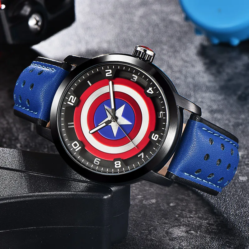 

MARVEL Avengers Captain America Mens Sport Hour Youth Time Teen Quartz Watch Leather Band Waterproof Man Wristwatch Boy Clocks