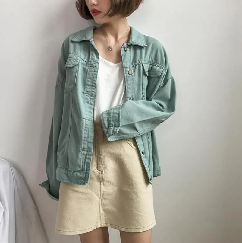 

Fashion casual denim jacket 2019 autumn single-breasted Harajuku style loose solid color denim jackets top Hip hop women's coat