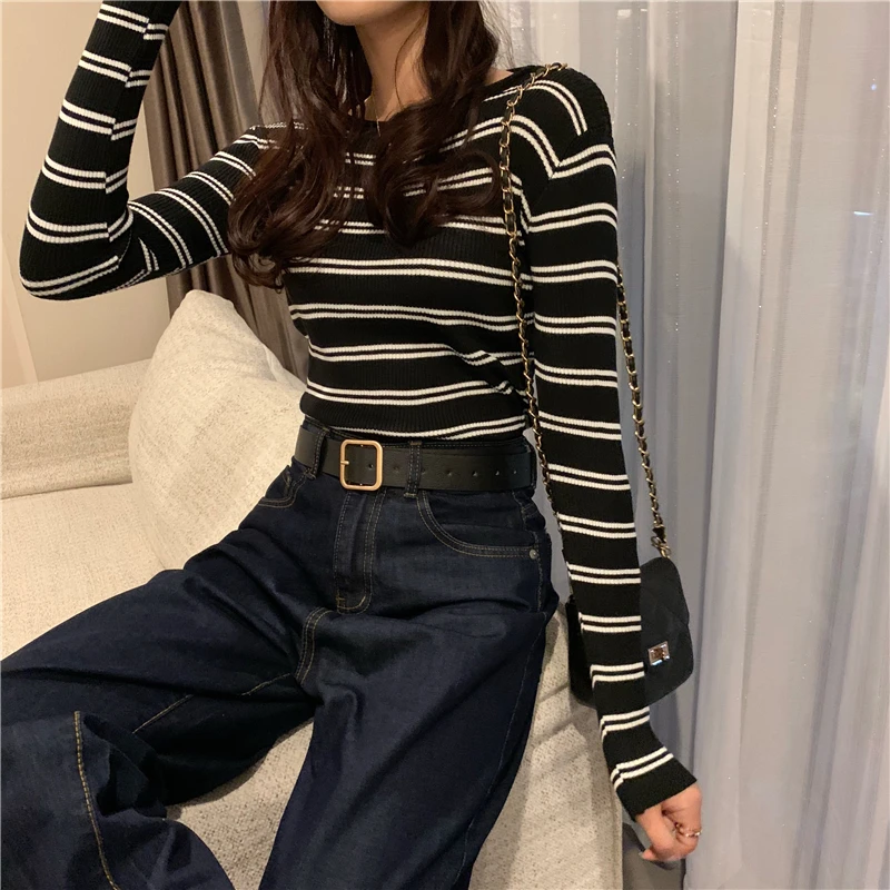 Women Long Sleeve Fashion Striped Sweaters O Neck Bottoming Slim Sweater Female Casual Pullover Tops |
