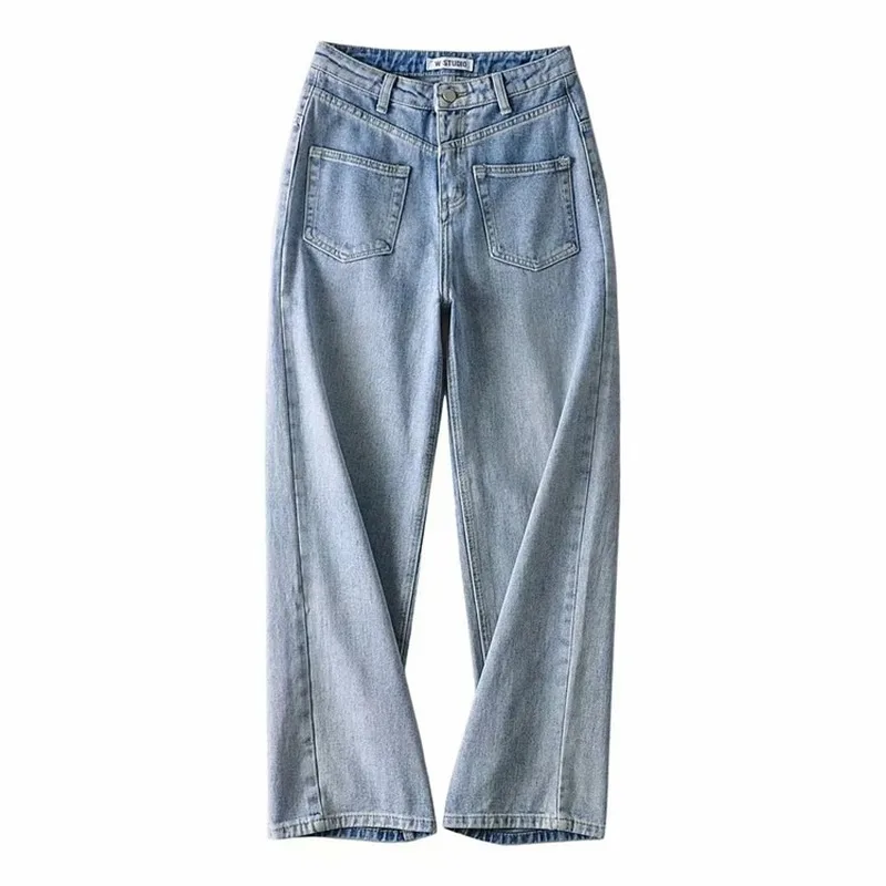 

2021 Pocket Patchwork High Waist Jeans Loose Straight Tube Mopping Thin Wide Leg Tooling Pants Tide women pants women Clothing