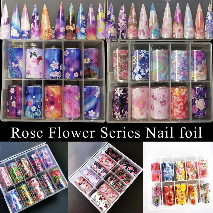 

10pcs Nail Transfer Foil Rose Flower Patterns Nail Art Valentines Floral Leaves Starry Nail Foil Sticker Decal Adhesive Wraps