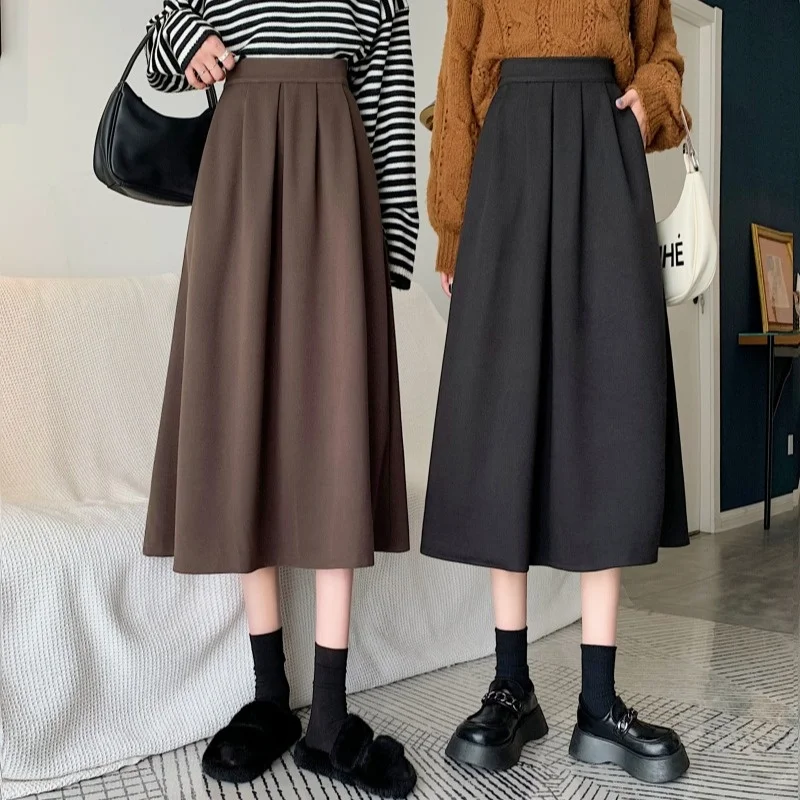 

Шерстяная плиссированная длинная юбка на осень и зиму, юбка средней длины с высокой талией в Корейском стиле для женщин