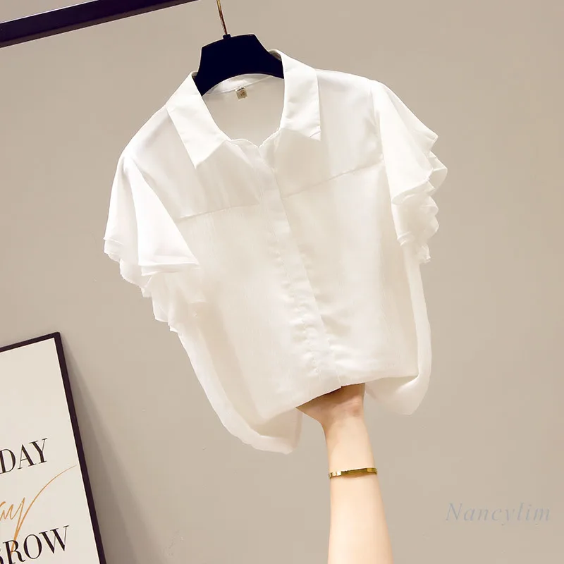 Chemise blanche en mousseline de soie pour femme, hauts à manches volantées, col de poupée, pour étudiantes, assorti à tout, été 2021