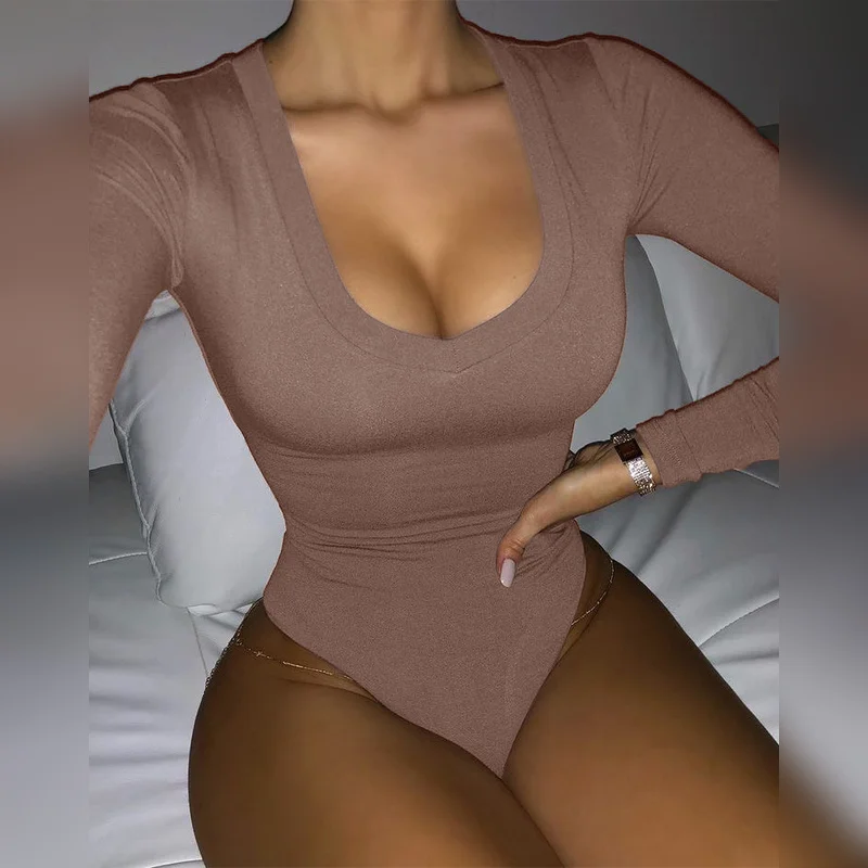 

CHRONSTYLE Deep V-neck 2021 Sexy Top Women Bodysuits Jumpsuits Autumn Long Sleeve Solid Skinny Low Cut Slim Bodysuits Rompers