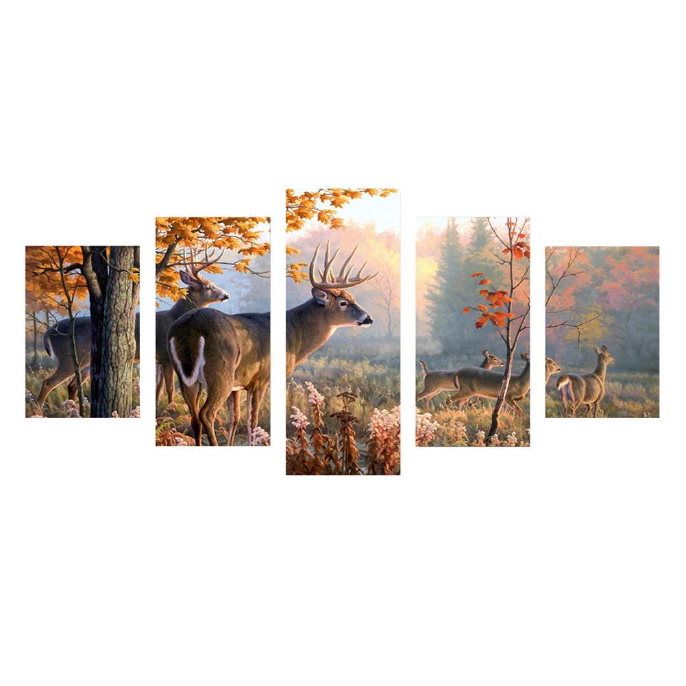 

5 Panels Canvas Painting HD Printed Animal Theme Deer Wall Art Home Decor Unframed Wall Hanging Picture