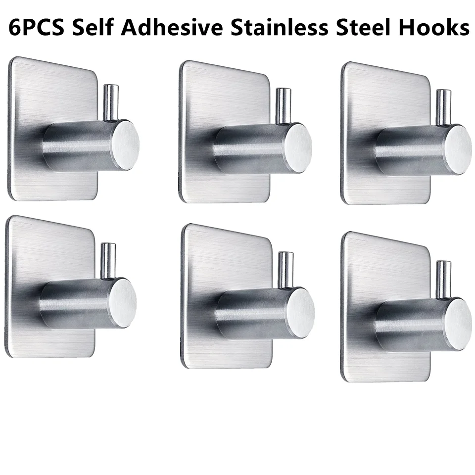 

6Pcs No-Drill Power Self Adhesive Stainless Steel Hooks Rack Bathroom Kitchen Door Wall Hanger Robe Towel Holder Home Organizer