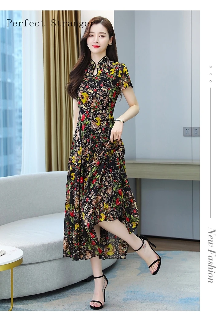 

2021 Summer New Arrival Hot Sale Short Sleeve Stand Collar Flower Printed Women Chiffon Long Dress Plus Size M-4XL